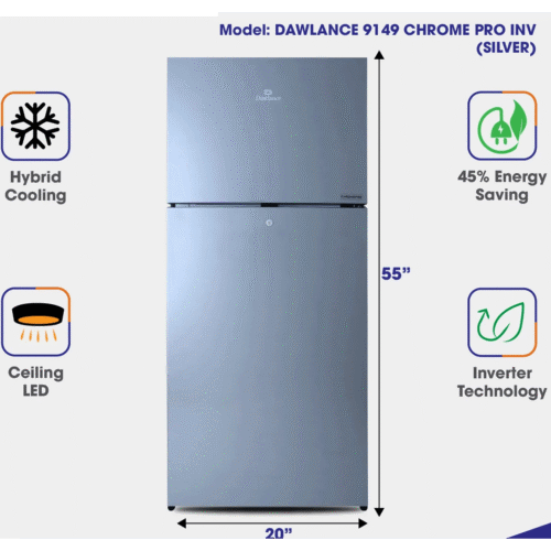 Dawlance 9149WB Chrome Pro Inverter Double Door Refrigerator Silver 9 Cubic Feet