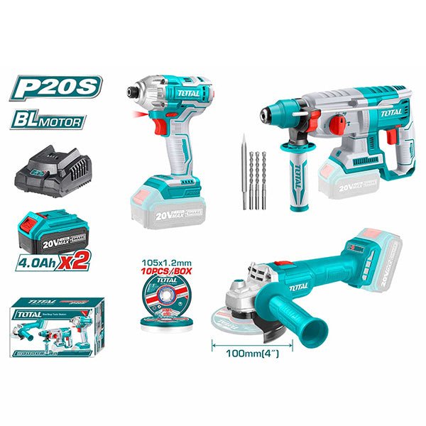 TOTAL Lithium-ion cordless 3 pcs combo kit 20V Brushless TOSLI2301510
