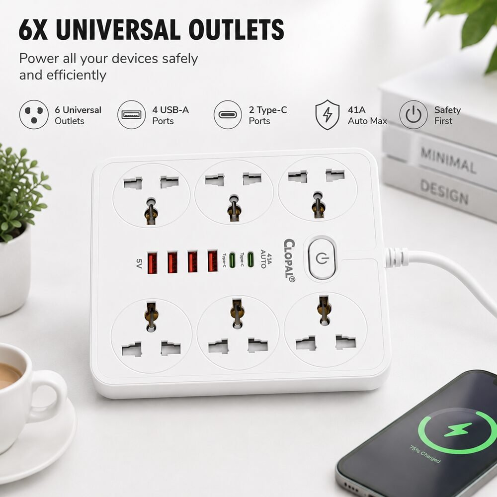Clopal CP-Z67 6M Extension Socket With 6 USB - White