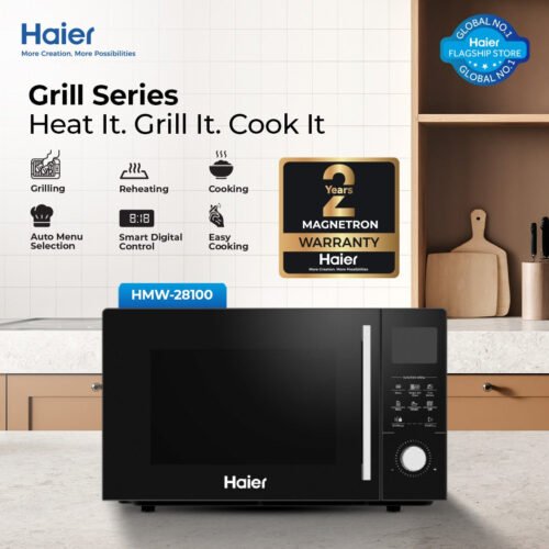 imgi_63_9e4f23da5355b96a591f7e111ee8e786.jpg Haier 28L - HMW-28100 - Digital Grill Microwave Oven (Defrost Function - Multi Cooking Function - Cooking end signal)
